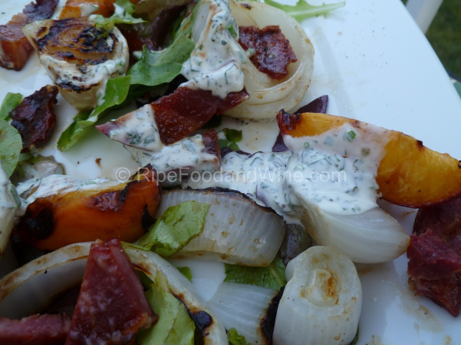 Grilled Peach, Sweet Onion & Bacon Salad