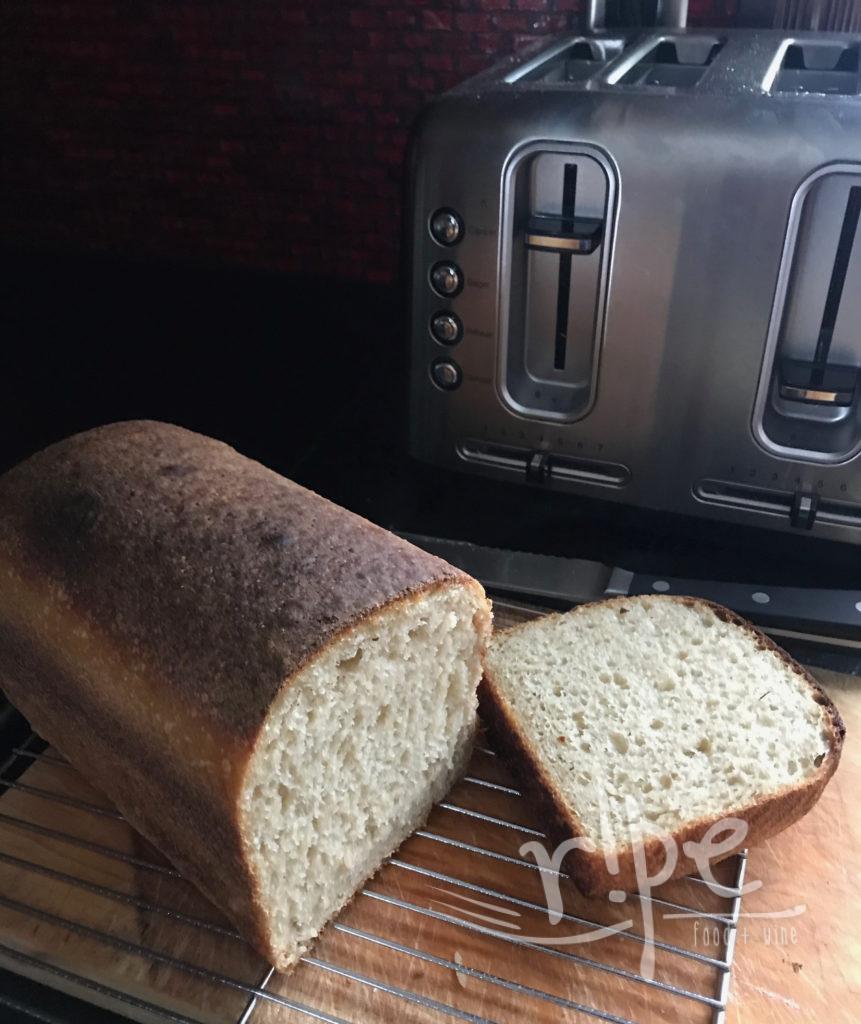 Sourdough sandwich loaf with end cut off to display crumb, toaster in background