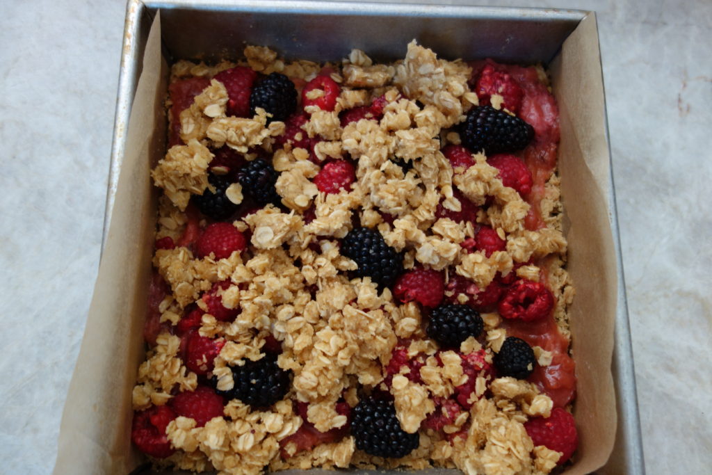 square pan with jam and mix of fresh raspberries and a few blackberries, oatmeal crumble on top (unbaked)