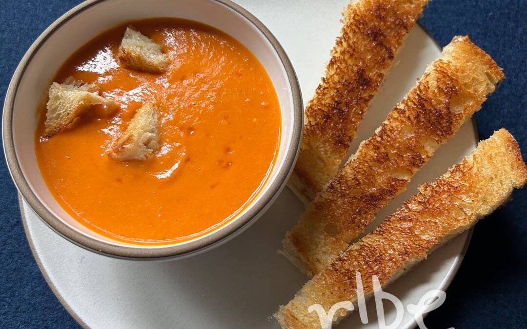 Tomato Leek Soup with Grilled Cheese Croutons