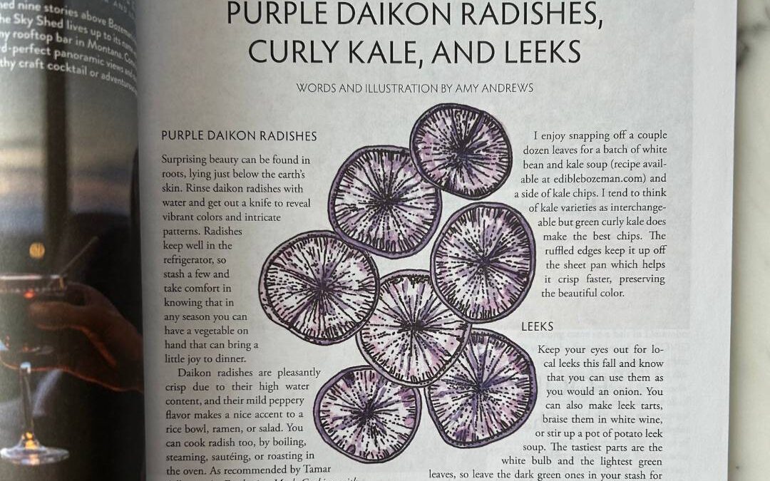 Purple Daikon Radishes, Curly Kale, and Leeks Edible Bozeman Fall 2023